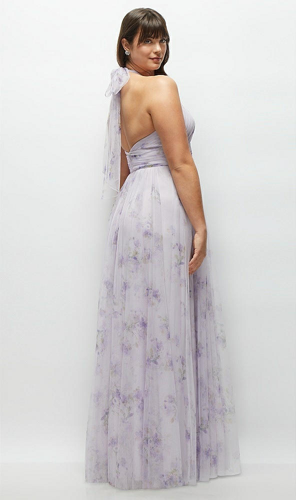 Back View - Lilac Haze Garden Floral Tie-Back Halter Tulle Dress with Long Full Skirt & Rosette Detail