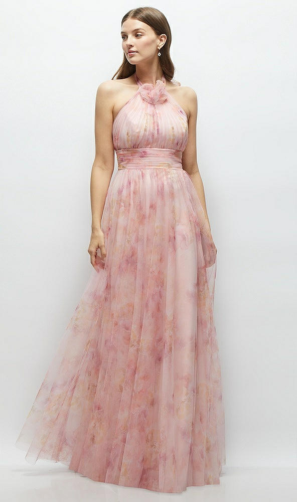 Front View - Rose Garden Floral Tie-Back Halter Tulle Dress with Long Full Skirt & Rosette Detail