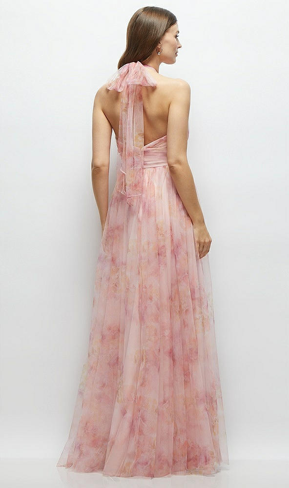 Back View - Rose Garden Floral Tie-Back Halter Tulle Dress with Long Full Skirt & Rosette Detail