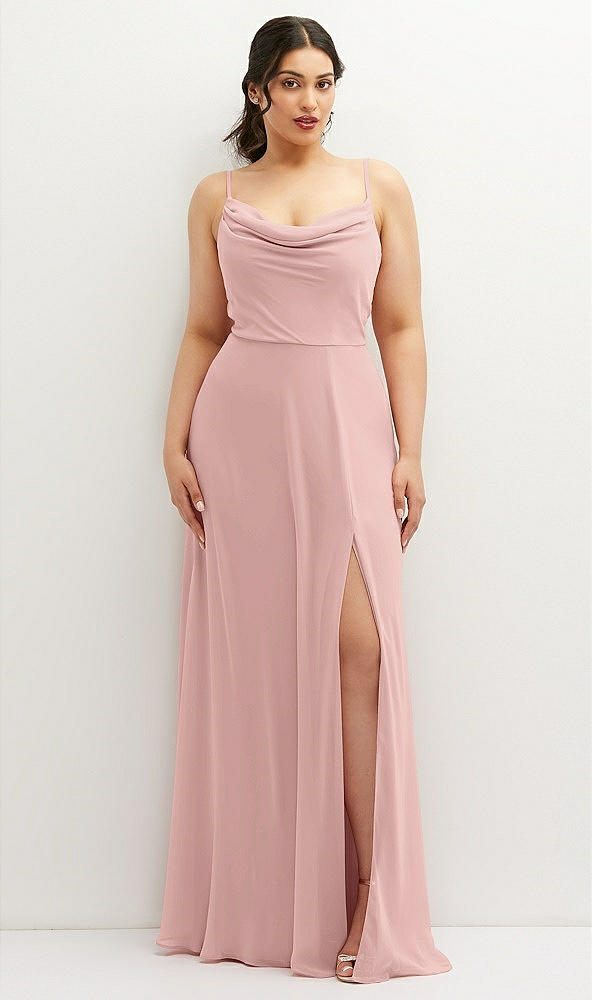 Front View - Rose - PANTONE Rose Quartz Soft Cowl-Neck A-Line Maxi Dress with Adjustable Straps