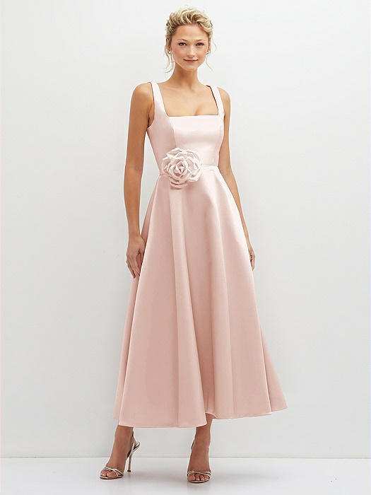 Square Neck Satin Midi Dress with Full Skirt & Flower Sash