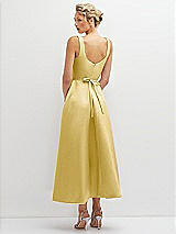 Rear View Thumbnail - Maize Square Neck Satin Midi Dress with Full Skirt & Flower Sash