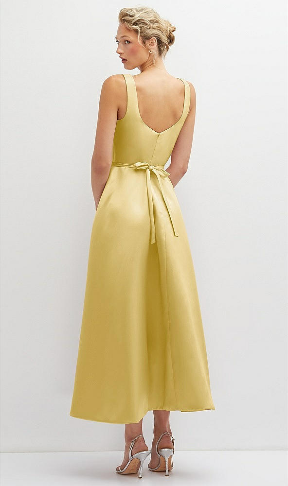 Back View - Maize Square Neck Satin Midi Dress with Full Skirt & Flower Sash