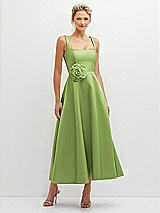 Front View Thumbnail - Mojito Square Neck Satin Midi Dress with Full Skirt & Flower Sash