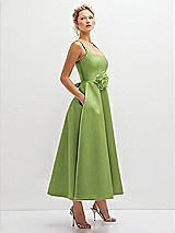 Side View Thumbnail - Mojito Square Neck Satin Midi Dress with Full Skirt & Flower Sash