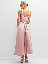 Rear View Thumbnail - Ballet Pink Square Neck Satin Midi Dress with Full Skirt & Flower Sash