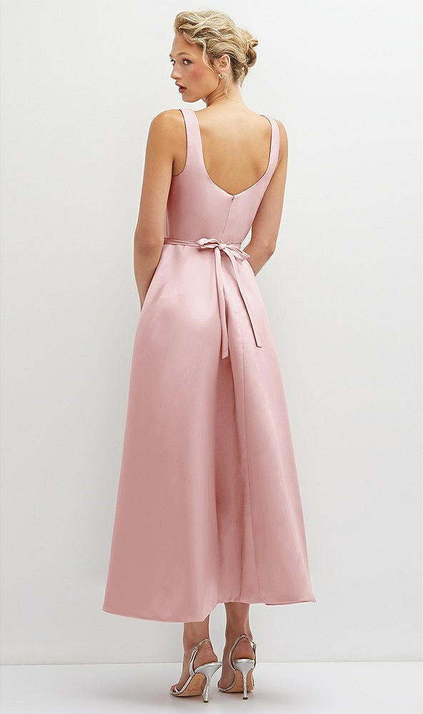 Back View - Ballet Pink Square Neck Satin Midi Dress with Full Skirt & Flower Sash