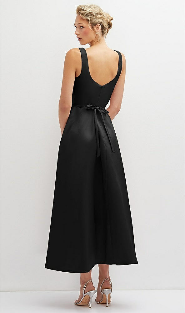 Back View - Black Square Neck Satin Midi Dress with Full Skirt & Flower Sash