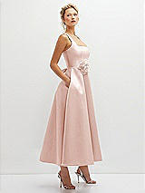 Side View Thumbnail - Blush Square Neck Satin Midi Dress with Full Skirt & Flower Sash