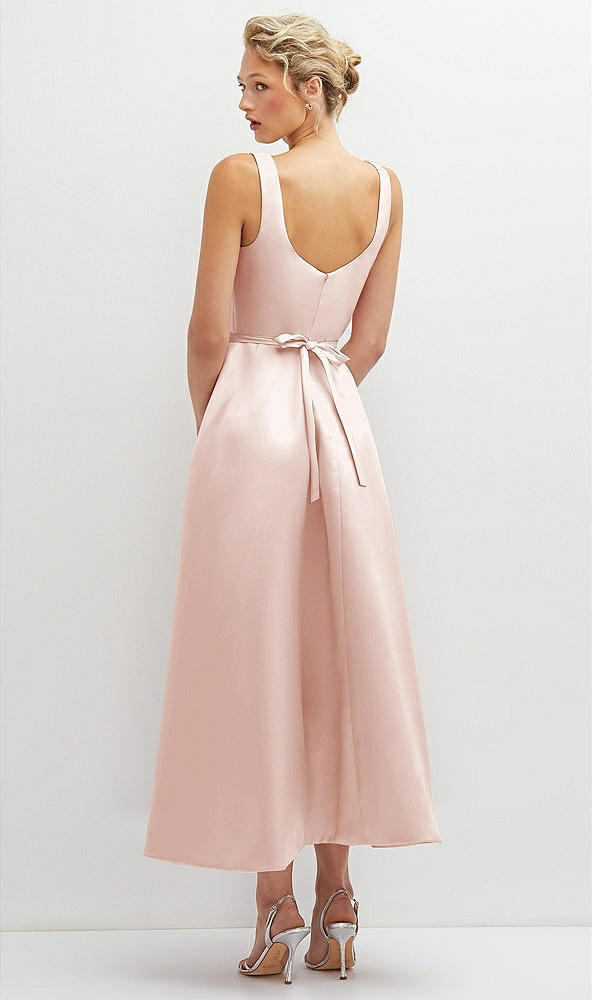 Back View - Blush Square Neck Satin Midi Dress with Full Skirt & Flower Sash