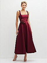 Front View Thumbnail - Burgundy Square Neck Satin Midi Dress with Full Skirt & Flower Sash