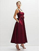 Side View Thumbnail - Burgundy Square Neck Satin Midi Dress with Full Skirt & Flower Sash