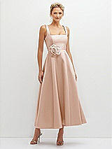 Front View Thumbnail - Cameo Square Neck Satin Midi Dress with Full Skirt & Flower Sash