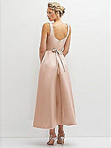 Rear View Thumbnail - Cameo Square Neck Satin Midi Dress with Full Skirt & Flower Sash