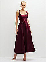 Front View Thumbnail - Cabernet Square Neck Satin Midi Dress with Full Skirt & Flower Sash