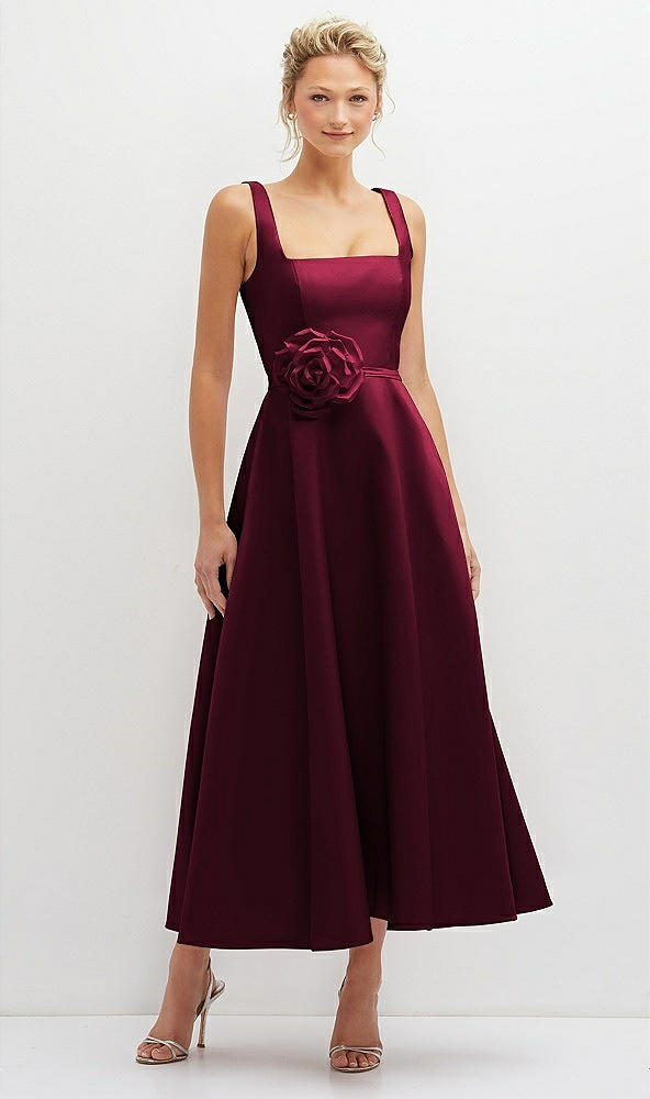 Front View - Cabernet Square Neck Satin Midi Dress with Full Skirt & Flower Sash