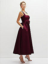 Side View Thumbnail - Cabernet Square Neck Satin Midi Dress with Full Skirt & Flower Sash