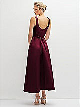 Rear View Thumbnail - Cabernet Square Neck Satin Midi Dress with Full Skirt & Flower Sash