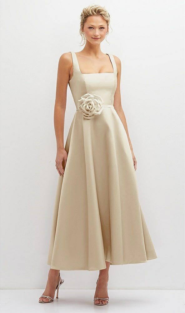 Front View - Champagne Square Neck Satin Midi Dress with Full Skirt & Flower Sash