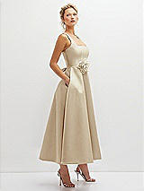 Side View Thumbnail - Champagne Square Neck Satin Midi Dress with Full Skirt & Flower Sash