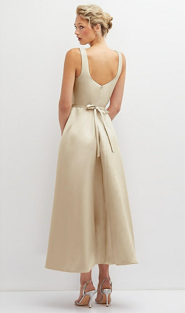 Back View - Champagne Square Neck Satin Midi Dress with Full Skirt & Flower Sash