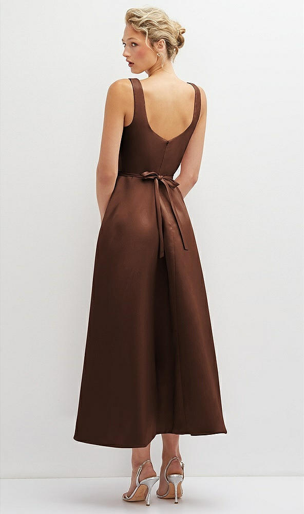 Back View - Cognac Square Neck Satin Midi Dress with Full Skirt & Flower Sash