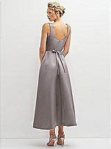 Rear View Thumbnail - Cashmere Gray Square Neck Satin Midi Dress with Full Skirt & Flower Sash