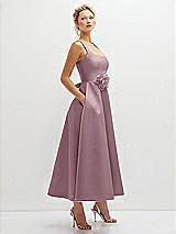 Side View Thumbnail - Dusty Rose Square Neck Satin Midi Dress with Full Skirt & Flower Sash