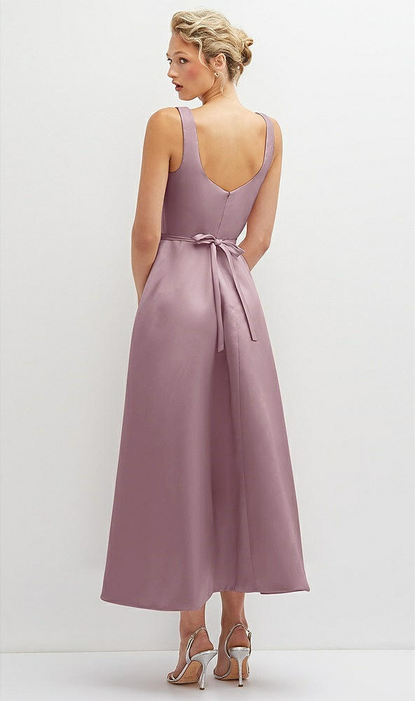 Back View - Dusty Rose Square Neck Satin Midi Dress with Full Skirt & Flower Sash