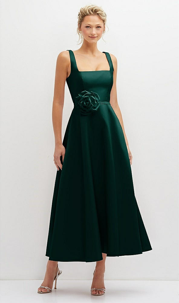 Front View - Evergreen Square Neck Satin Midi Dress with Full Skirt & Flower Sash