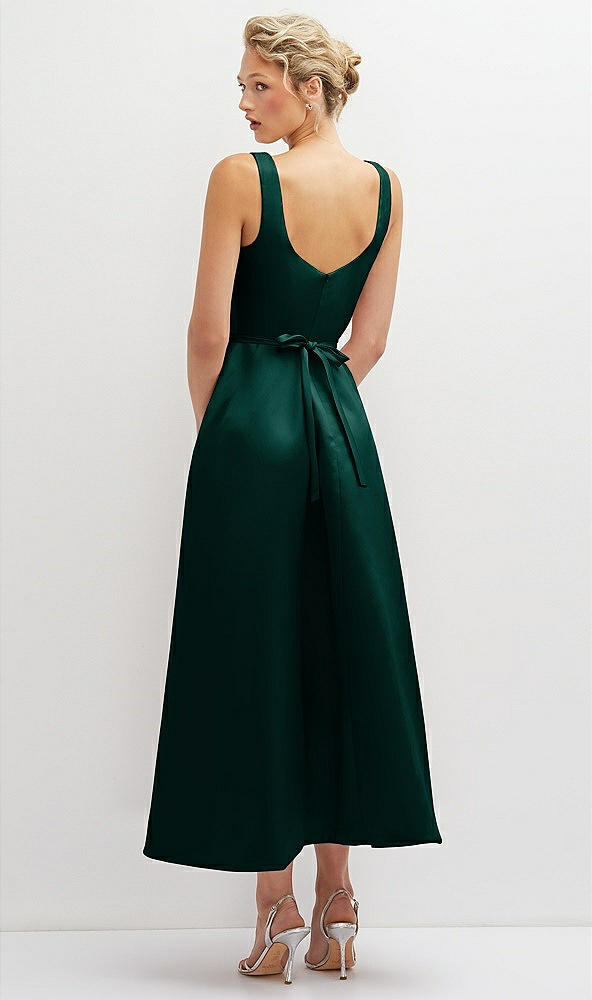 Back View - Evergreen Square Neck Satin Midi Dress with Full Skirt & Flower Sash