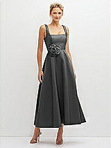 Front View Thumbnail - Gunmetal Square Neck Satin Midi Dress with Full Skirt & Flower Sash