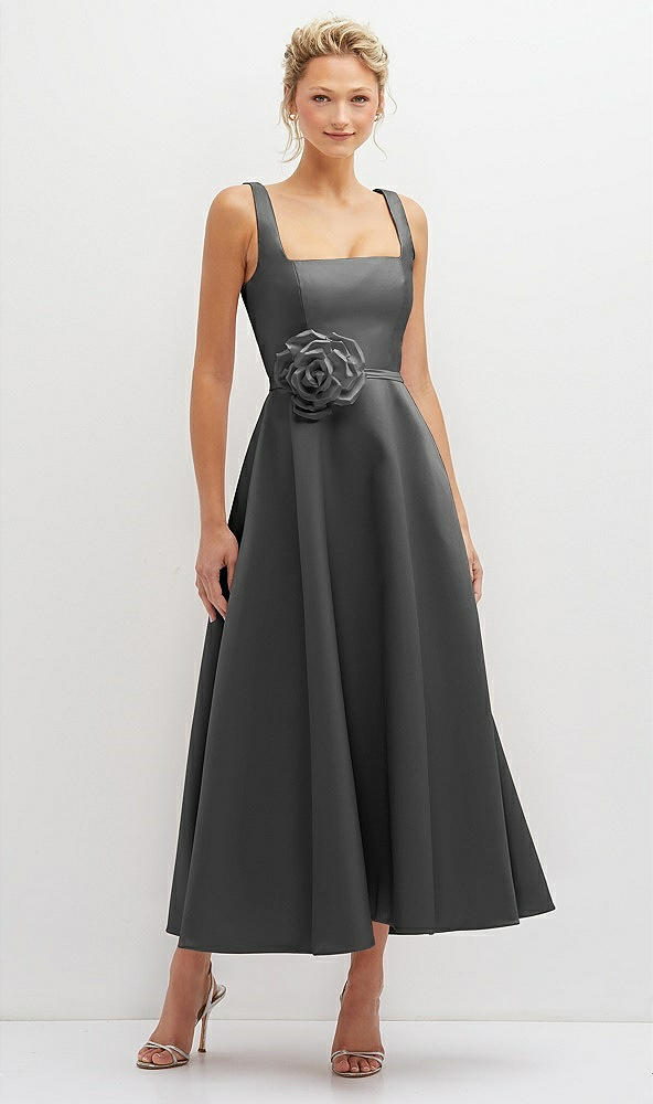 Front View - Gunmetal Square Neck Satin Midi Dress with Full Skirt & Flower Sash