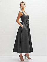 Side View Thumbnail - Gunmetal Square Neck Satin Midi Dress with Full Skirt & Flower Sash