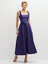 Front View Thumbnail - Grape Square Neck Satin Midi Dress with Full Skirt & Flower Sash