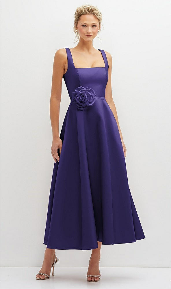 Front View - Grape Square Neck Satin Midi Dress with Full Skirt & Flower Sash