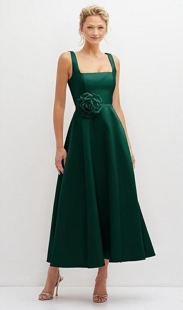 Front View - Hunter Green Square Neck Satin Midi Dress with Full Skirt & Flower Sash