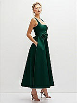 Side View Thumbnail - Hunter Green Square Neck Satin Midi Dress with Full Skirt & Flower Sash