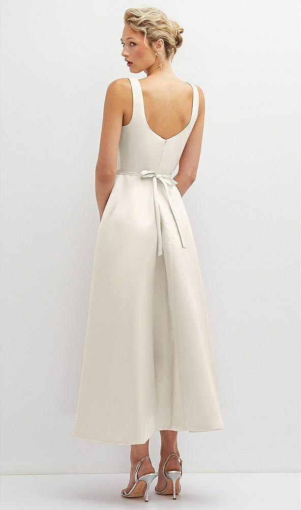 Back View - Ivory Square Neck Satin Midi Dress with Full Skirt & Flower Sash