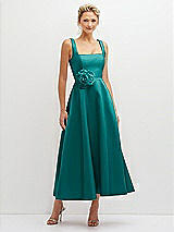 Front View Thumbnail - Jade Square Neck Satin Midi Dress with Full Skirt & Flower Sash