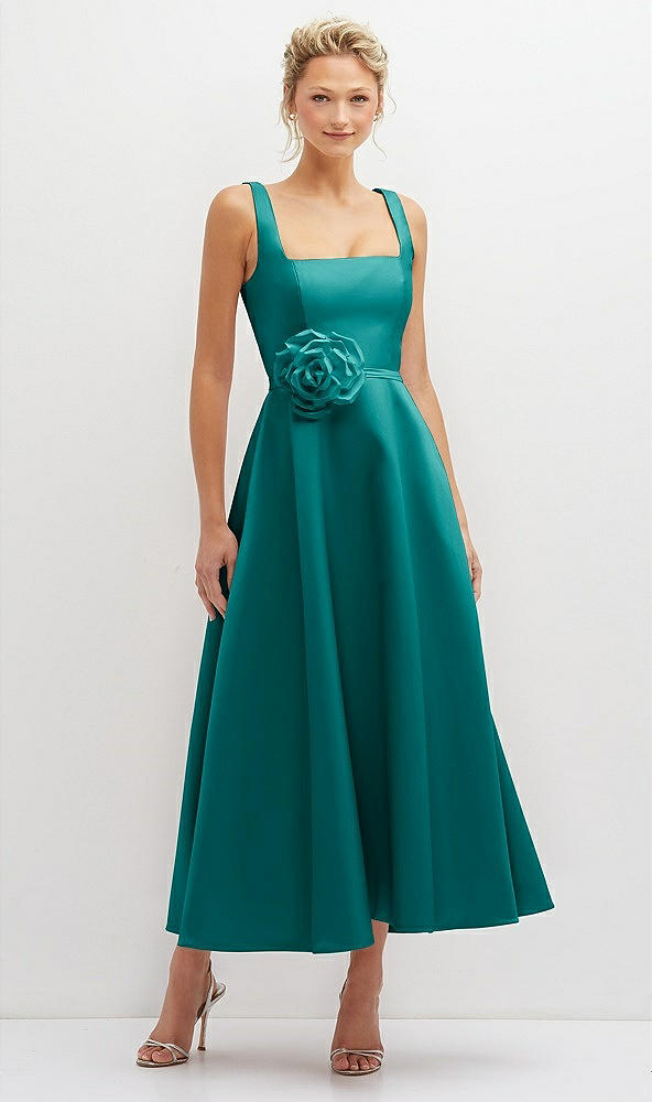 Front View - Jade Square Neck Satin Midi Dress with Full Skirt & Flower Sash