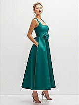 Side View Thumbnail - Jade Square Neck Satin Midi Dress with Full Skirt & Flower Sash