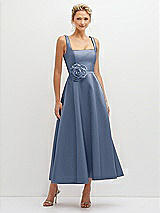 Front View Thumbnail - Larkspur Blue Square Neck Satin Midi Dress with Full Skirt & Flower Sash