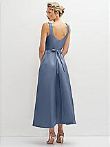 Rear View Thumbnail - Larkspur Blue Square Neck Satin Midi Dress with Full Skirt & Flower Sash