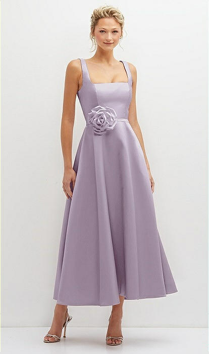 Square Neck Satin Midi Dress with Full Skirt Flower Sash