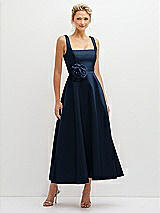 Front View Thumbnail - Midnight Navy Square Neck Satin Midi Dress with Full Skirt & Flower Sash