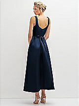 Rear View Thumbnail - Midnight Navy Square Neck Satin Midi Dress with Full Skirt & Flower Sash