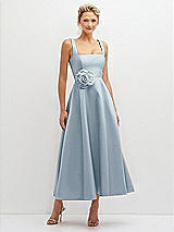 Front View Thumbnail - Mist Square Neck Satin Midi Dress with Full Skirt & Flower Sash