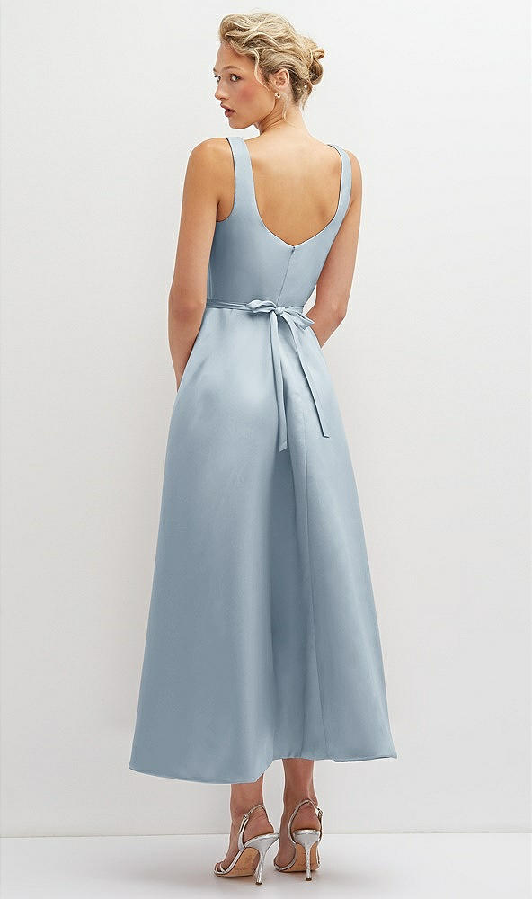 Back View - Mist Square Neck Satin Midi Dress with Full Skirt & Flower Sash