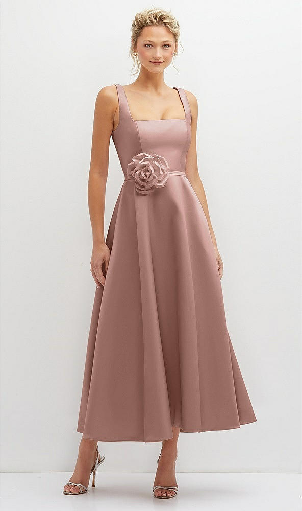 Front View - Neu Nude Square Neck Satin Midi Dress with Full Skirt & Flower Sash